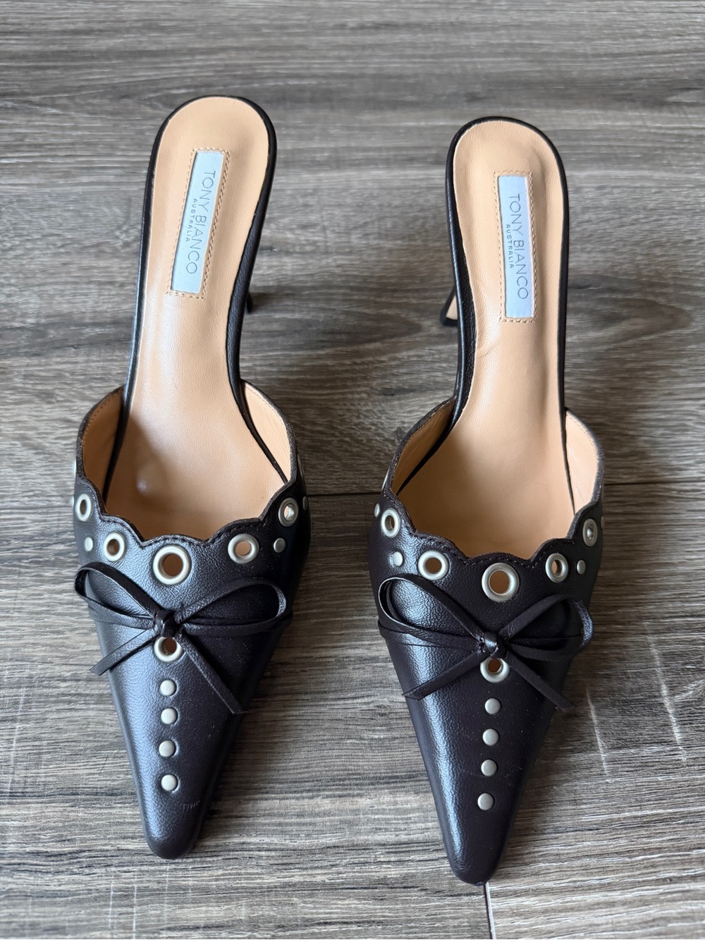 Tony Bianco Black Pointed Toe Mule Heels with Eyelet Trim